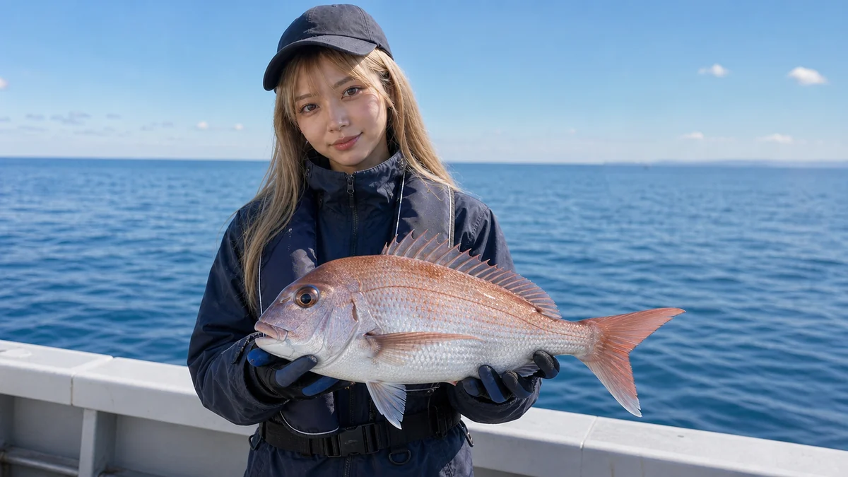 船上で真鯛を両手で持つTSURIIKITAIの女性モデル