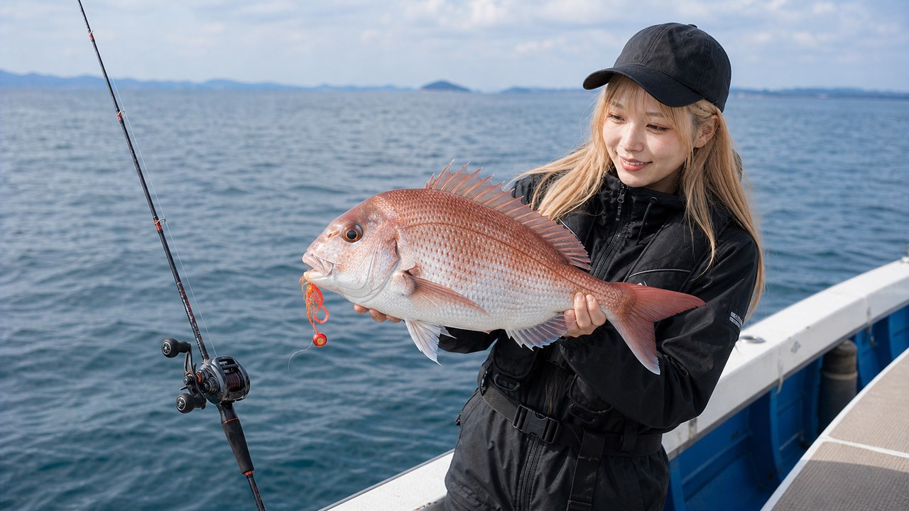 タイラバで真鯛を釣り上げた船上の様子