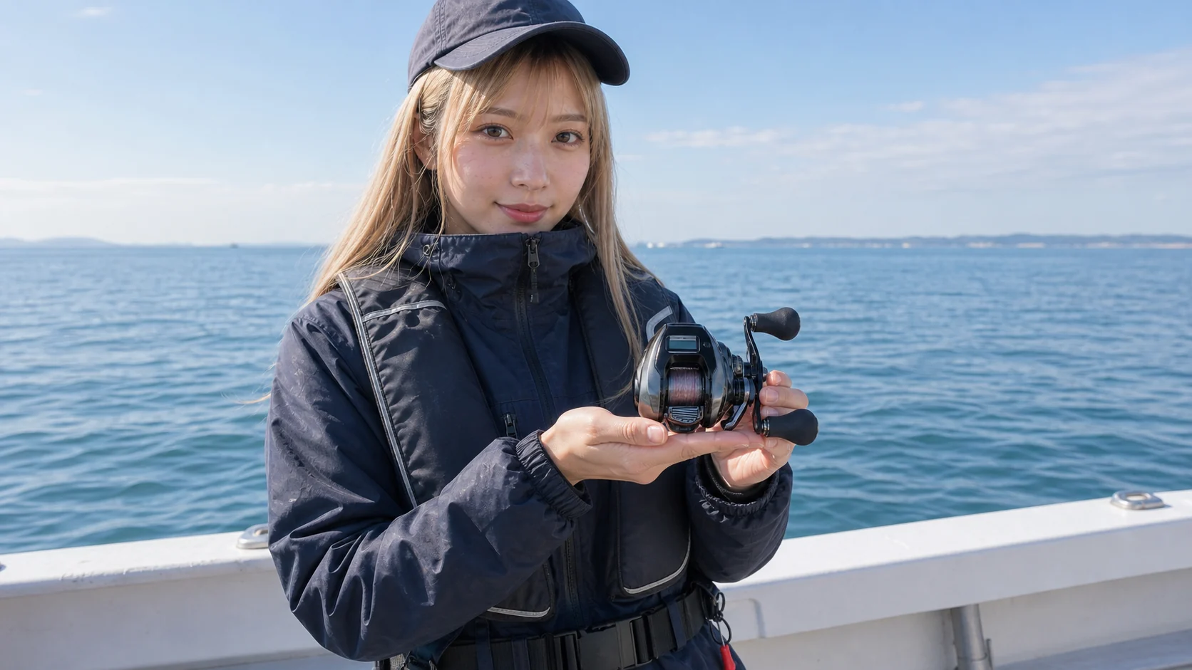 船上でタイラバ用のカウンター付きベイトリールを持つ女性