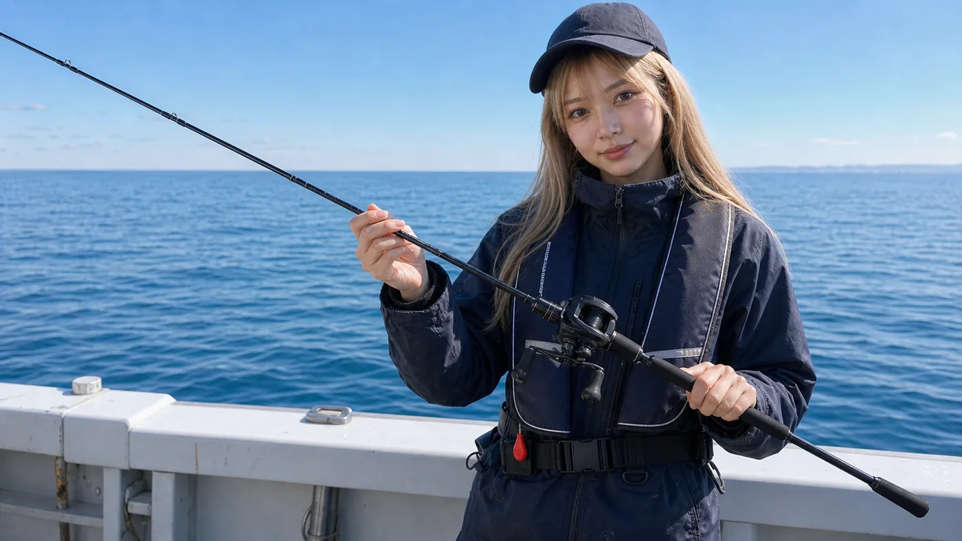 船上でタイラバロッドを持つ女性