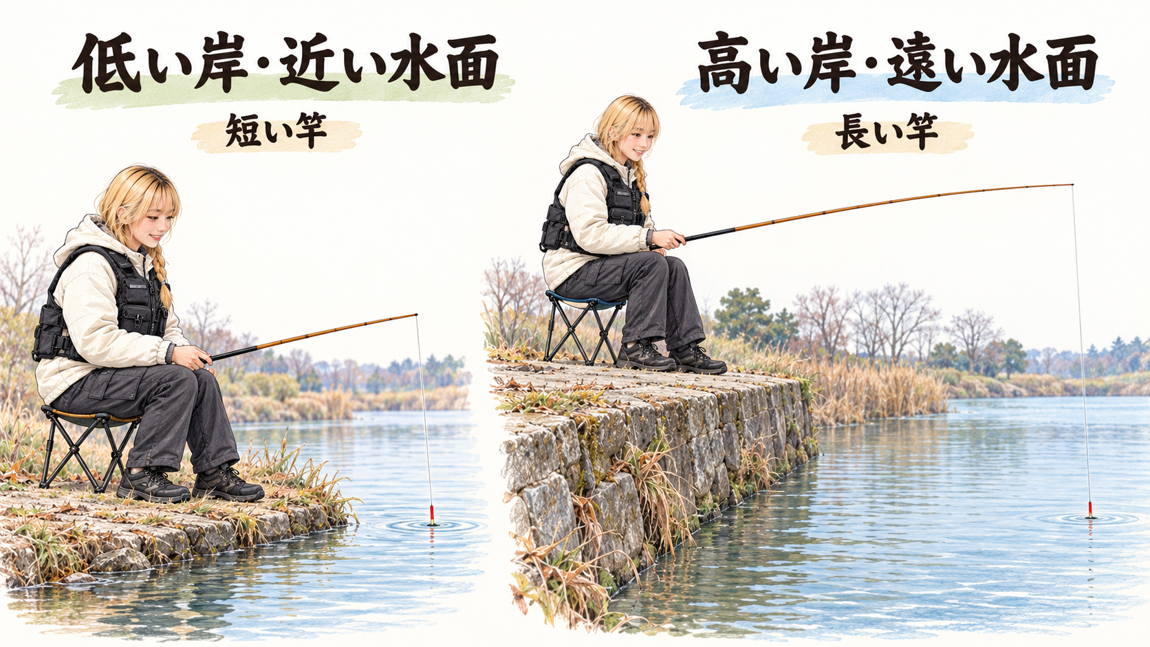低い岸の近い水面を短い竿で釣る場面と、高い岸から離れた水面を長い竿で釣る場面を並べたイラスト