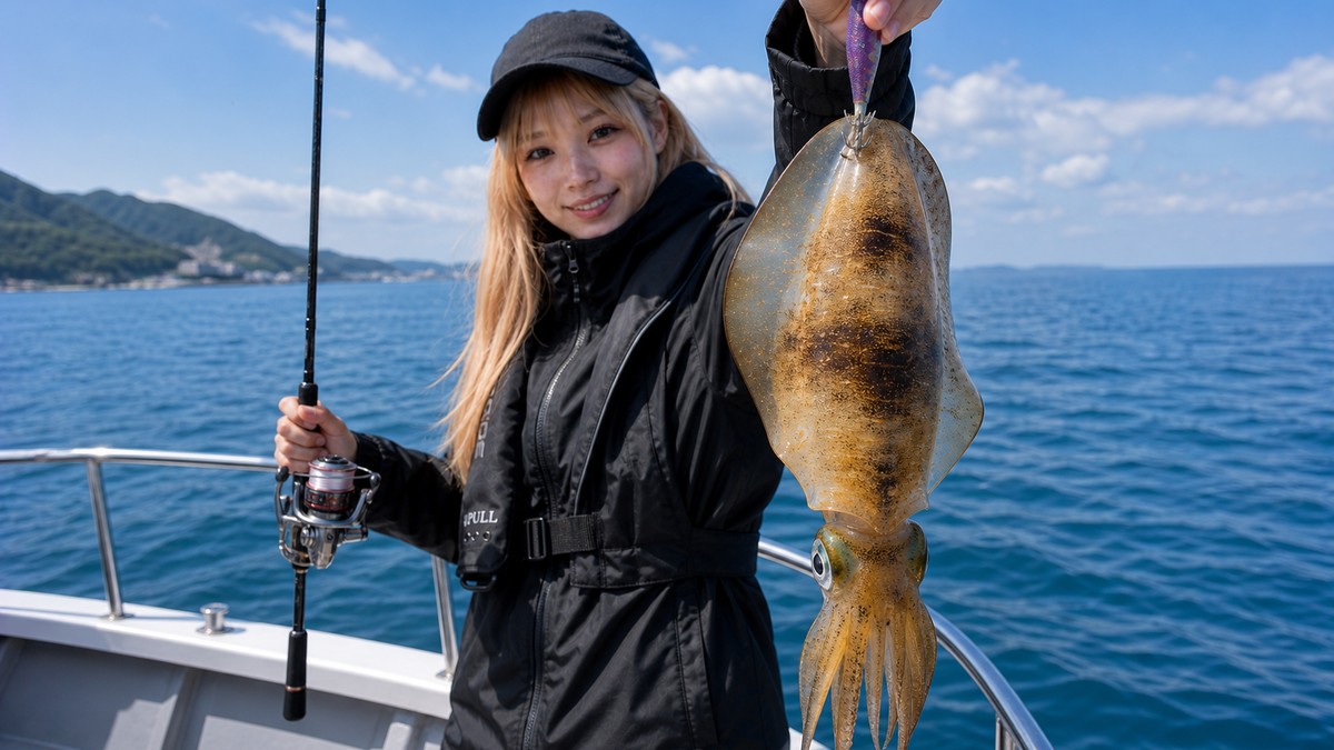 船上でエギに掛かったアオリイカを持つ女性アングラー