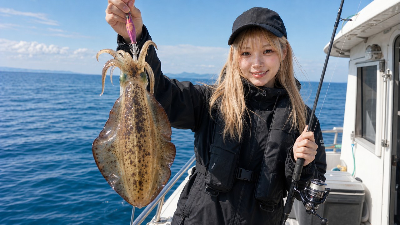 船上でアオリイカを見せながらロッドを持つ釣り人