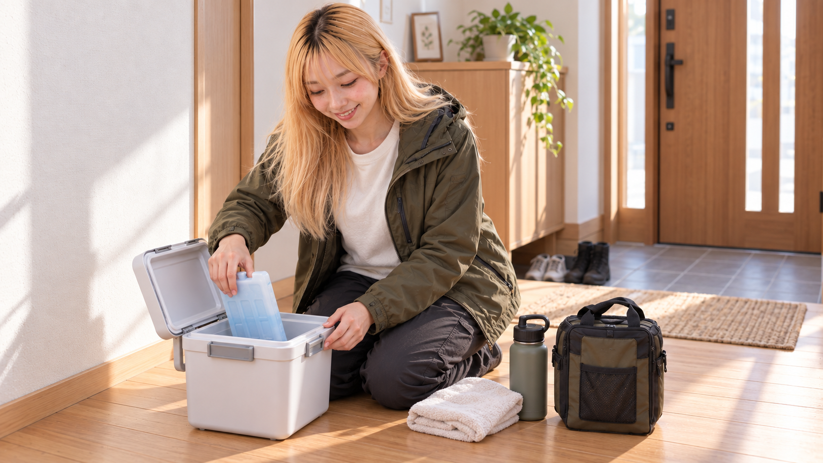 自宅で小型クーラーボックスに保冷材を入れ、タオル・飲み物・バッグを準備する女性のイメージ