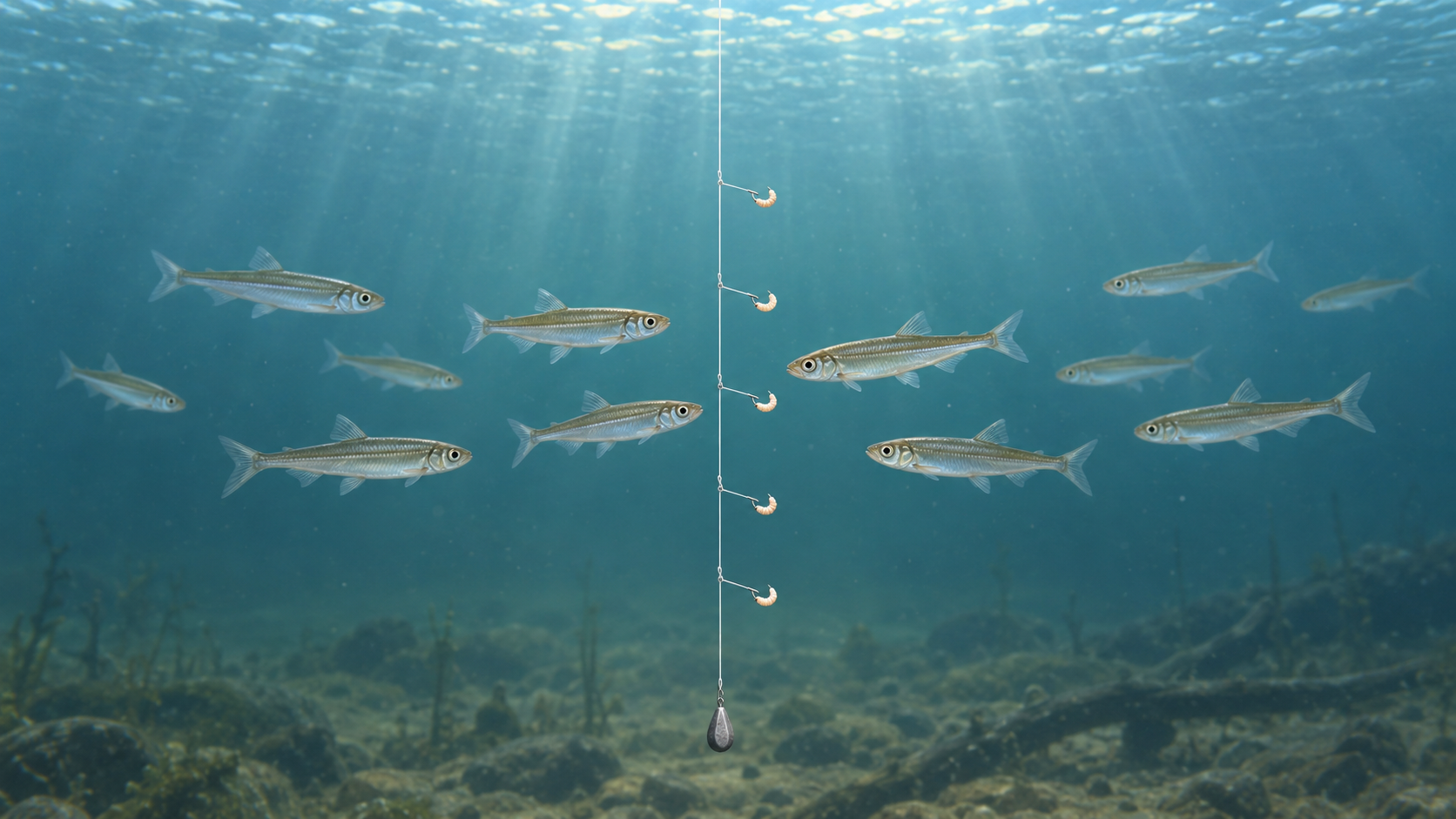 湖の水中で、エサ付きの仕掛け付近を泳ぐワカサギの群れと末端のオモリのイメージ