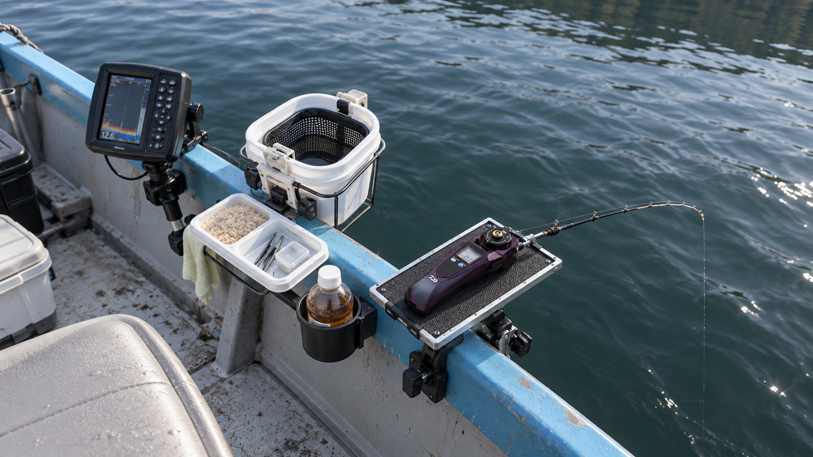 船べりに固定した台へ紫のワカサギ電動リールを置き、魚探やエサ入れを配置した釣り座のイメージ