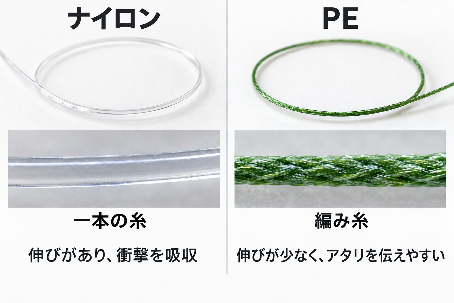 一本の糸のナイロンと編み糸のPEを並べ、糸の構造と伸びの違いを示した拡大イメージ