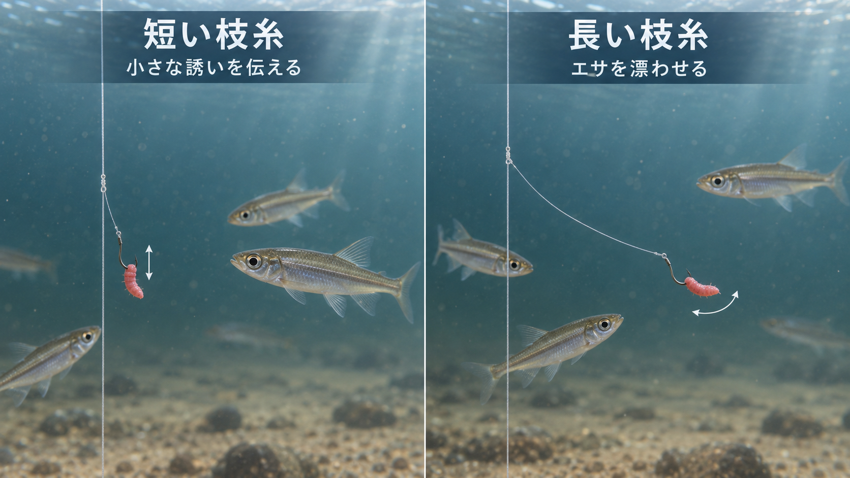 湖の水中で枝糸の長さによるエサの動きを比較したイメージ。左は短い枝糸で小さな誘いを伝える様子、右は長い枝糸でエサを漂わせる様子。