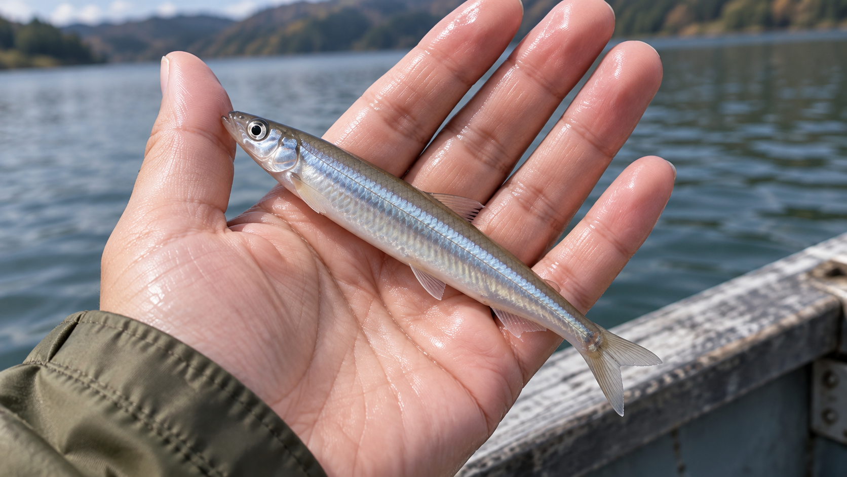 手のひらに大きめのワカサギ1匹を載せた釣果のイメージ