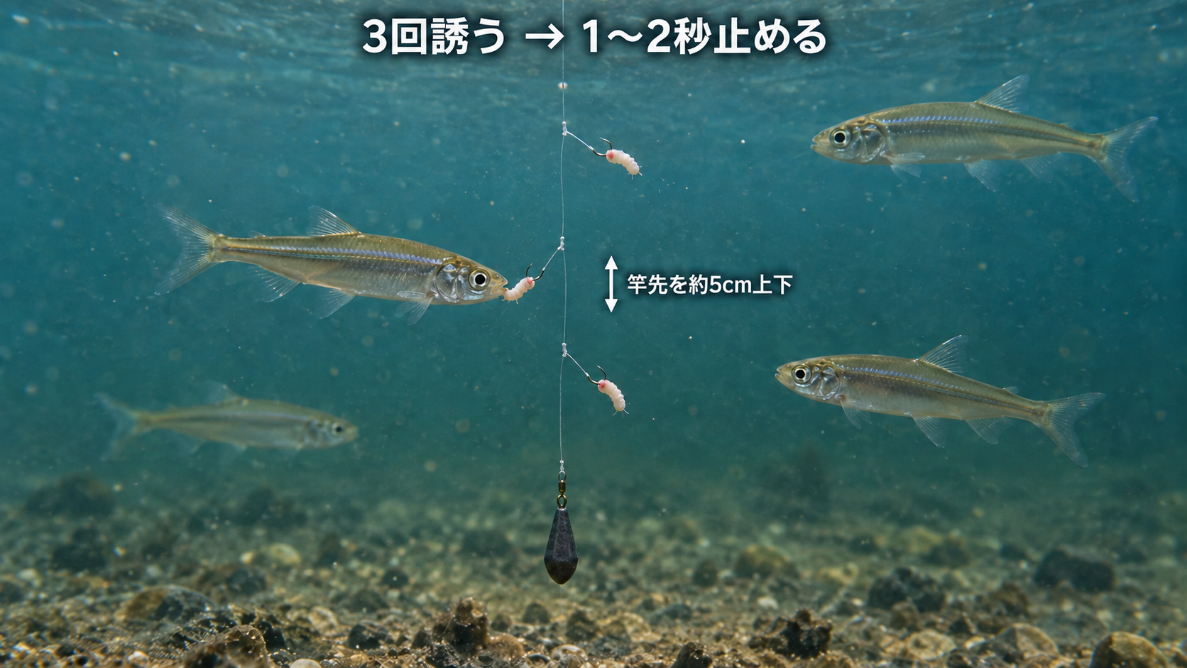 湖中の仕掛けとワカサギに、竿先を約5cm上下させて3回誘い、1〜2秒止める流れを添えたイメージ