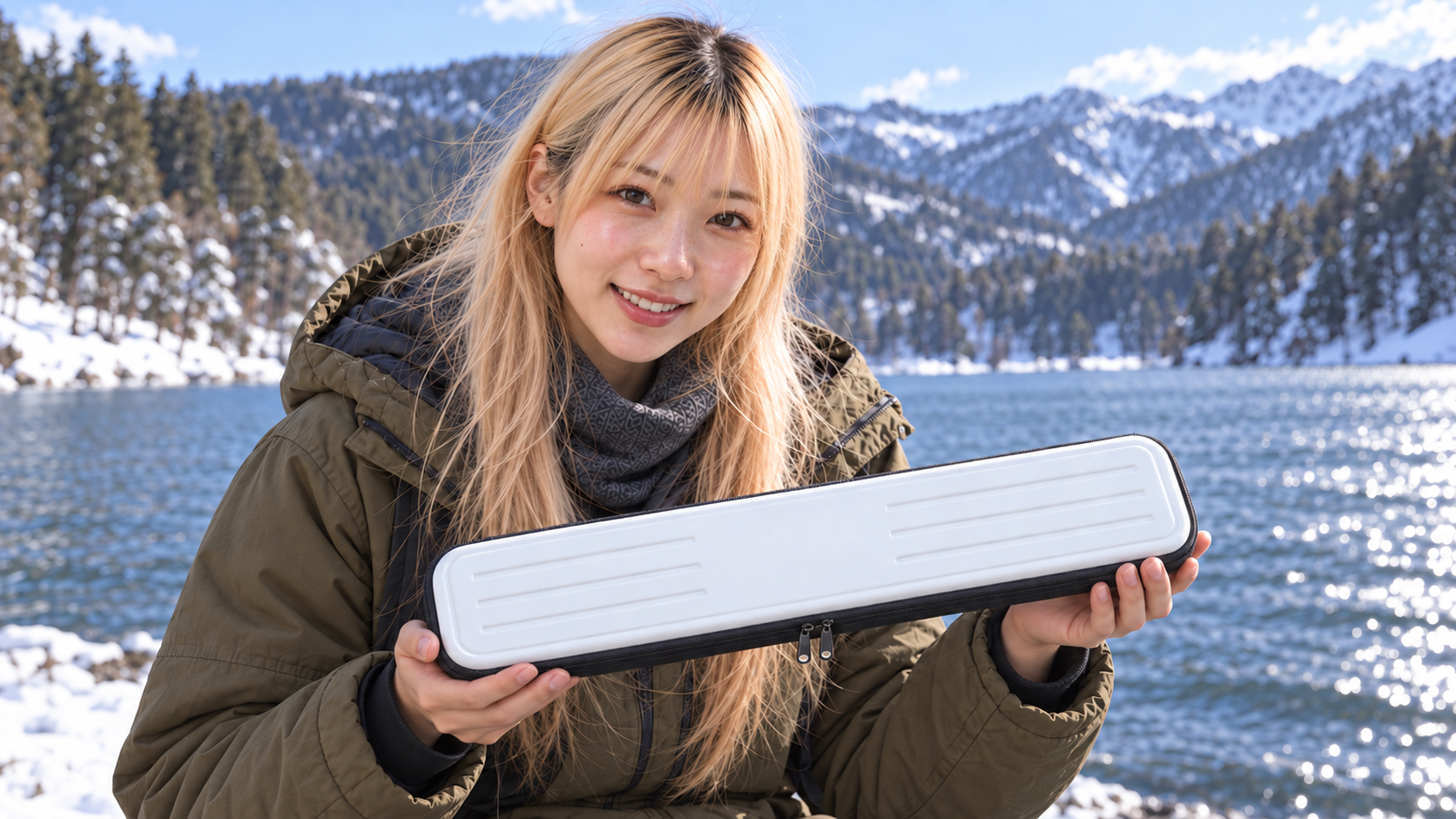 白い横長の穂先ケースを両手で持つ404お姉さんのイメージ