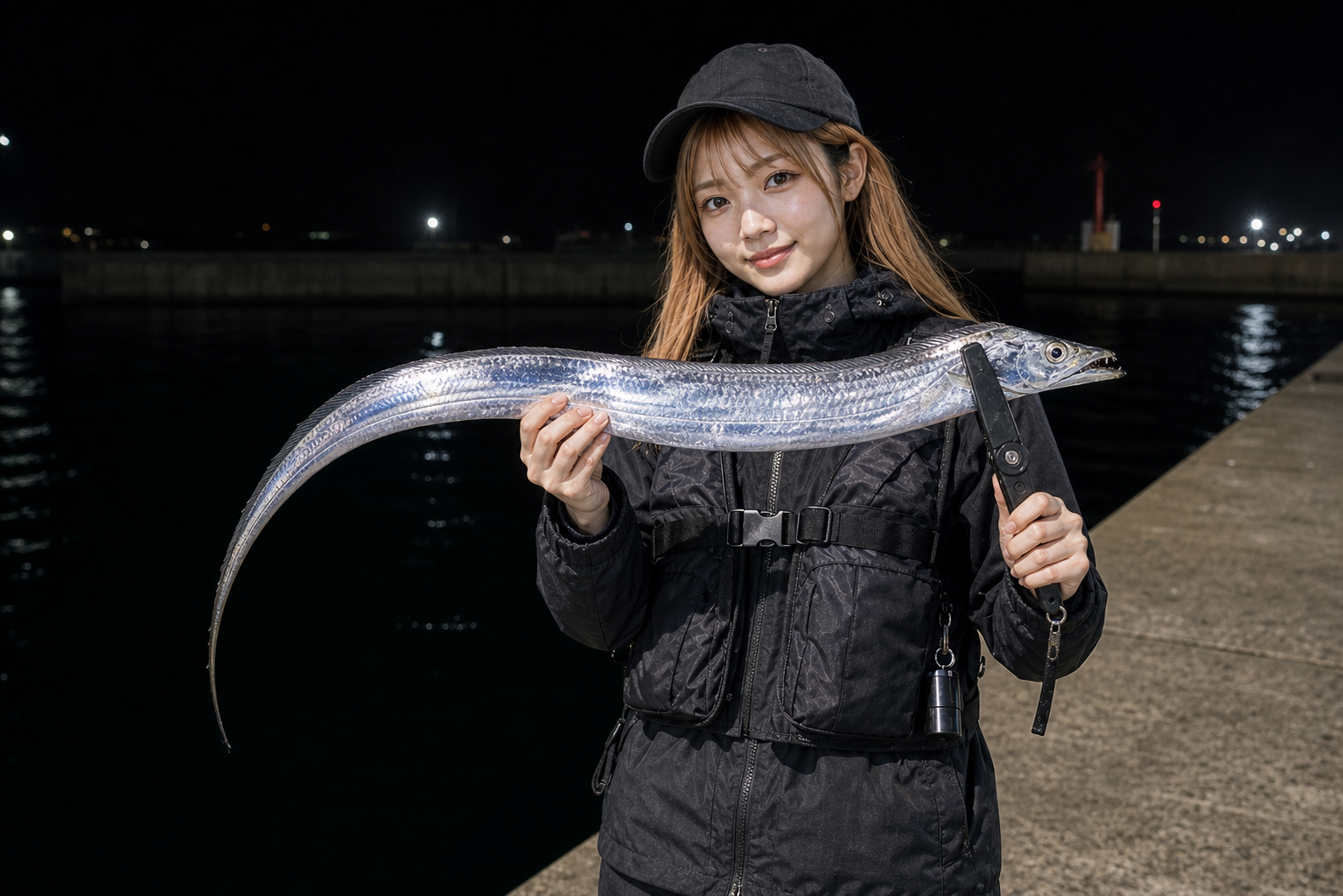 夜の堤防でタチウオの釣果を見せる女性アングラー