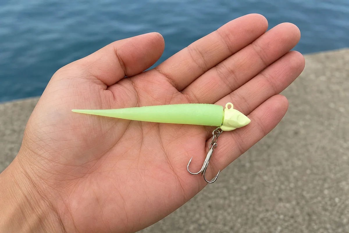 手のひらに置いたジグヘッドとアシストフック付きのタチウオワインドワーム