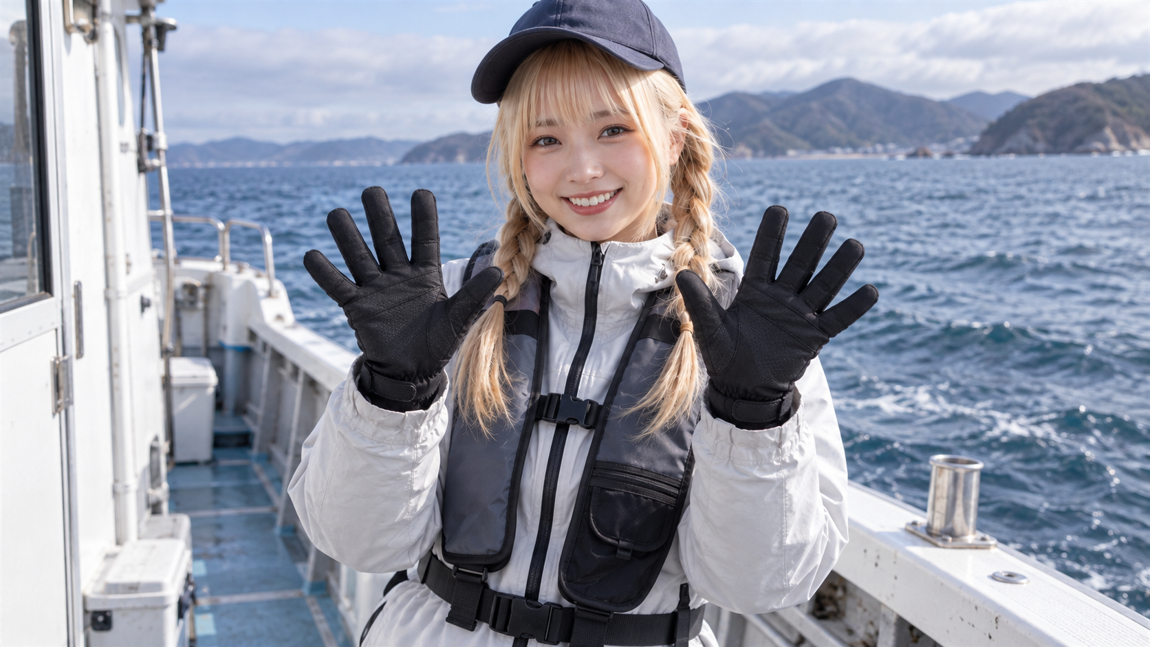 船上で両手の防水フィッシンググローブを見せる女性