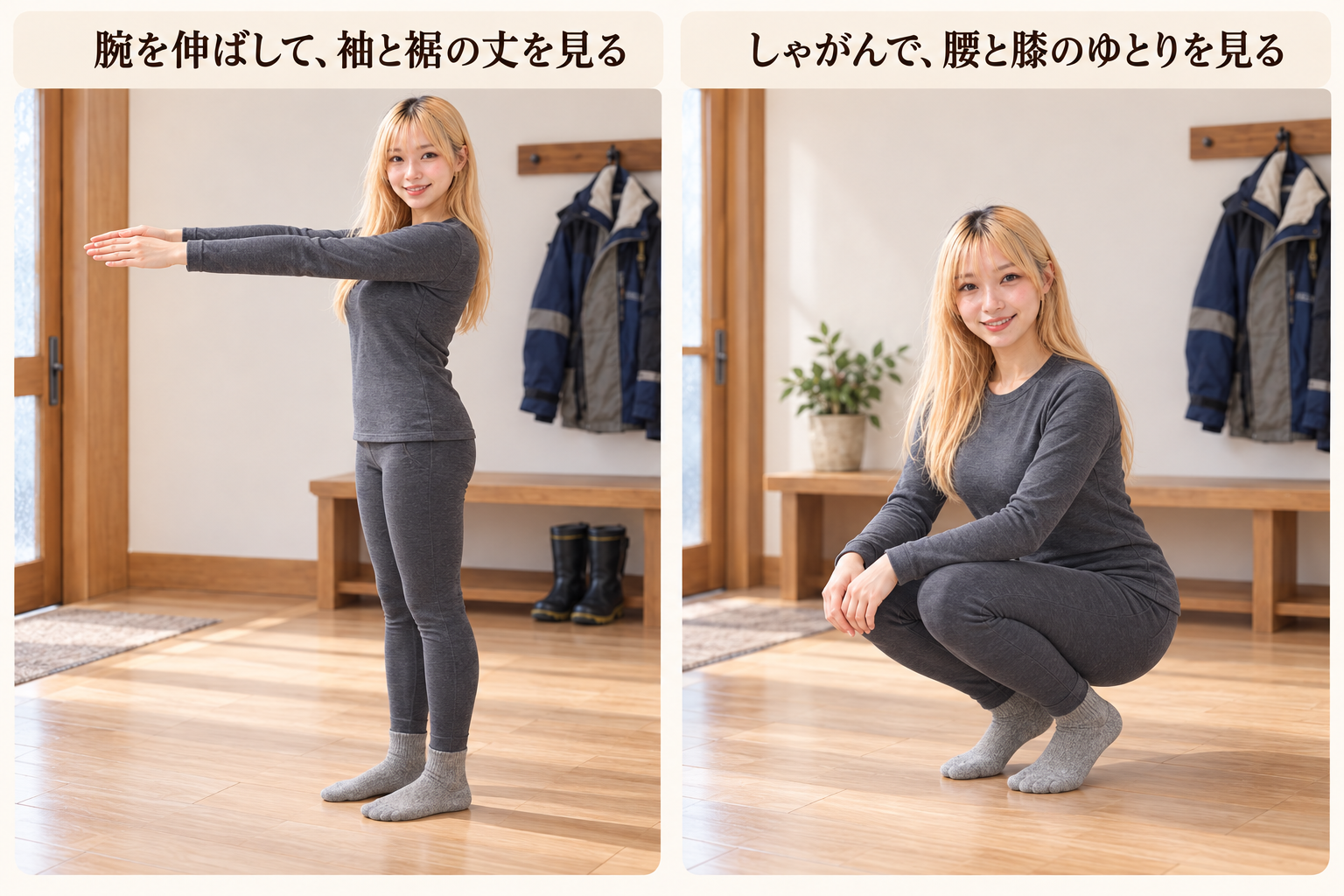 インナーを着て腕を前へ伸ばした姿としゃがんだ姿。袖と裾の丈、腰と膝のゆとりを見る
