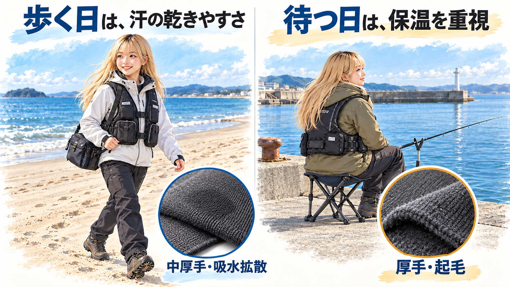 冬の釣りで歩く日は汗を広げる中厚手、座って待つ日は起毛した厚手を着るイメージ