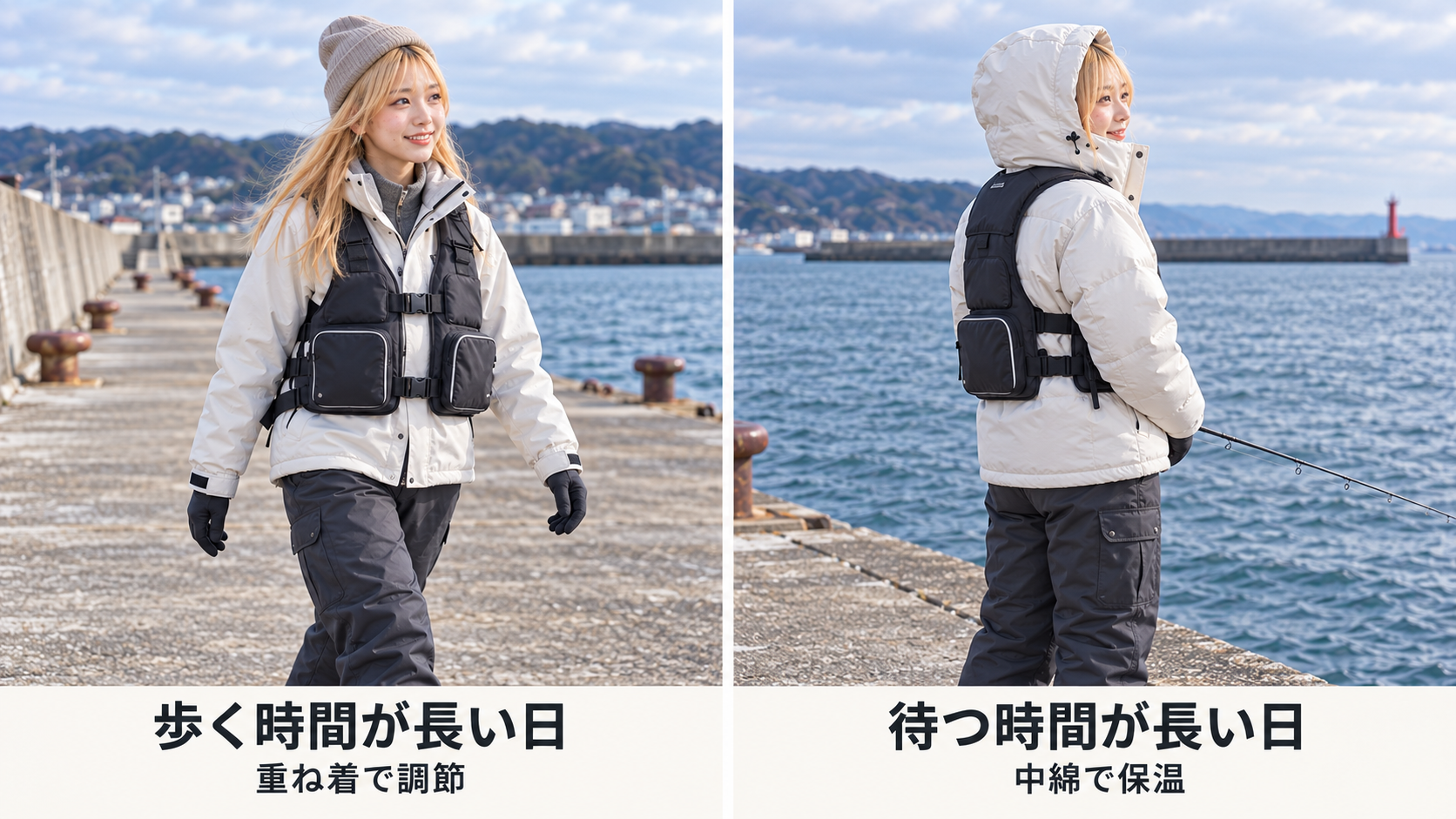 冬の堤防で、歩く日は重ね着で調節し、待つ日は中綿で保温する着方の比較