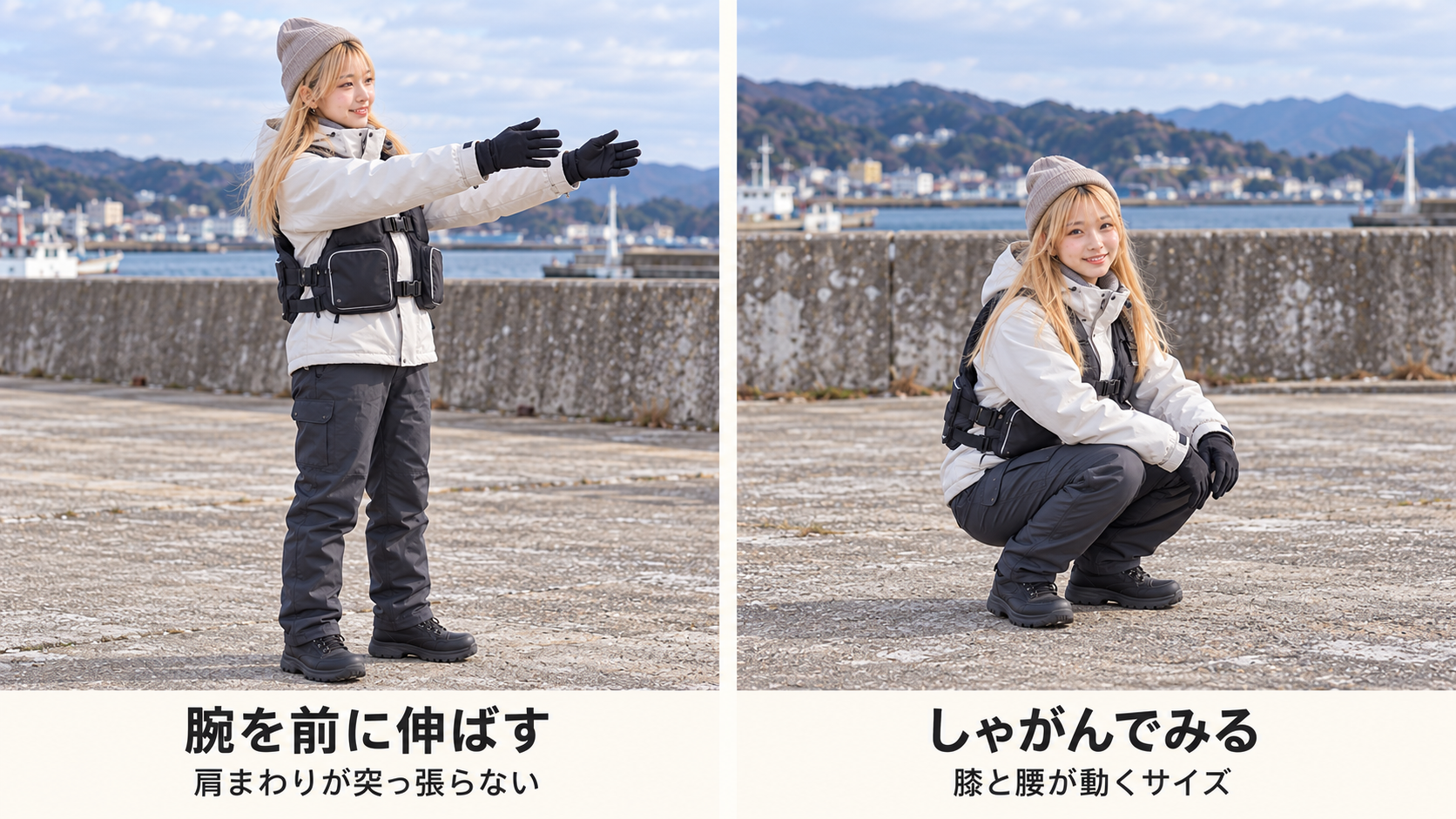防寒上下とフローティングベストを着て、腕を前へ伸ばす姿勢としゃがむ姿勢をとる女性