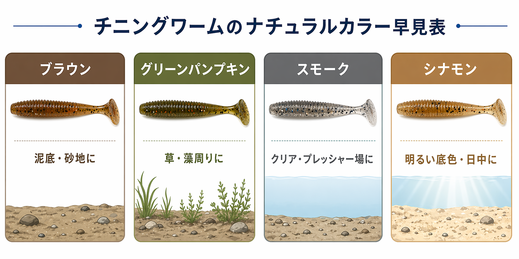 チニングワームのナチュラルカラー早見表