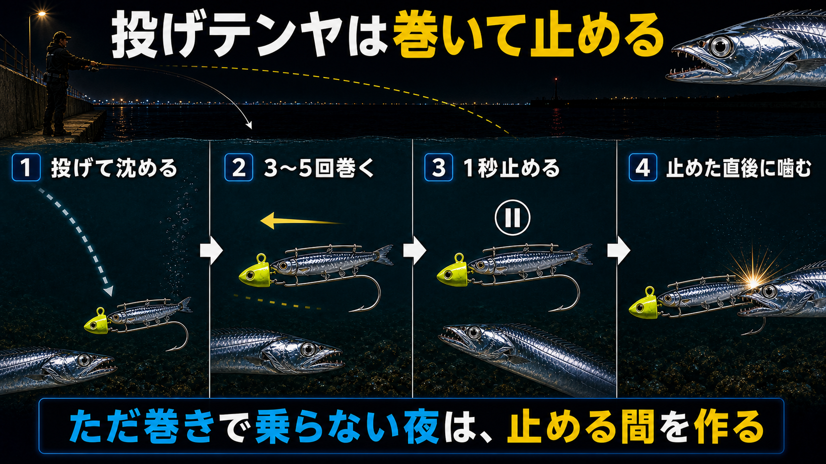 投げテンヤは巻いて止める
