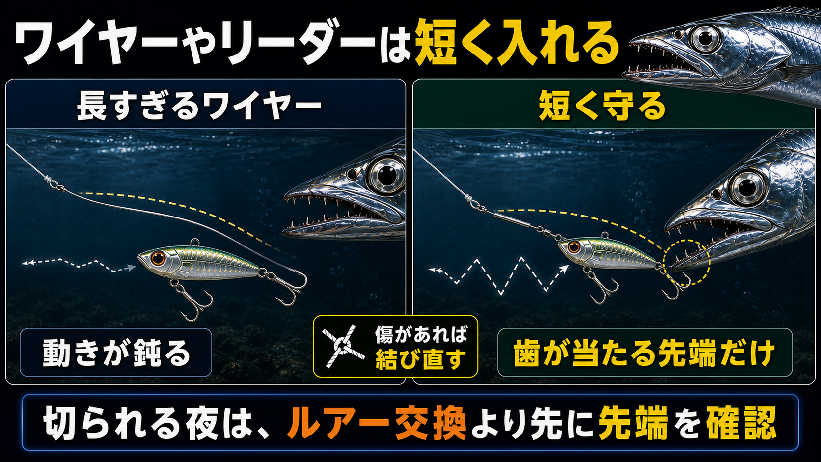 ワイヤーやリーダーは短く入れる