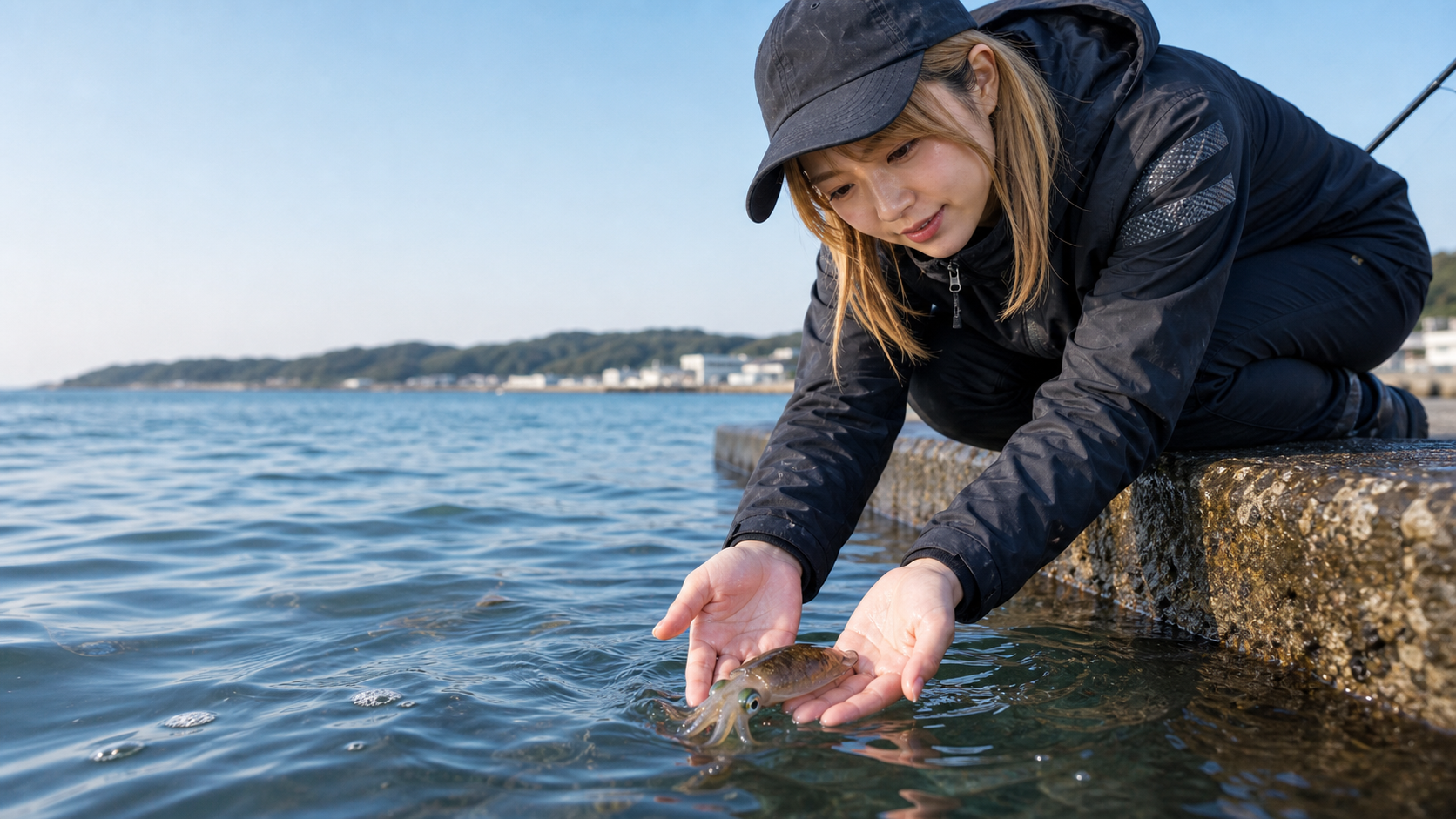小さい秋イカを水面近くでそっとリリースする様子