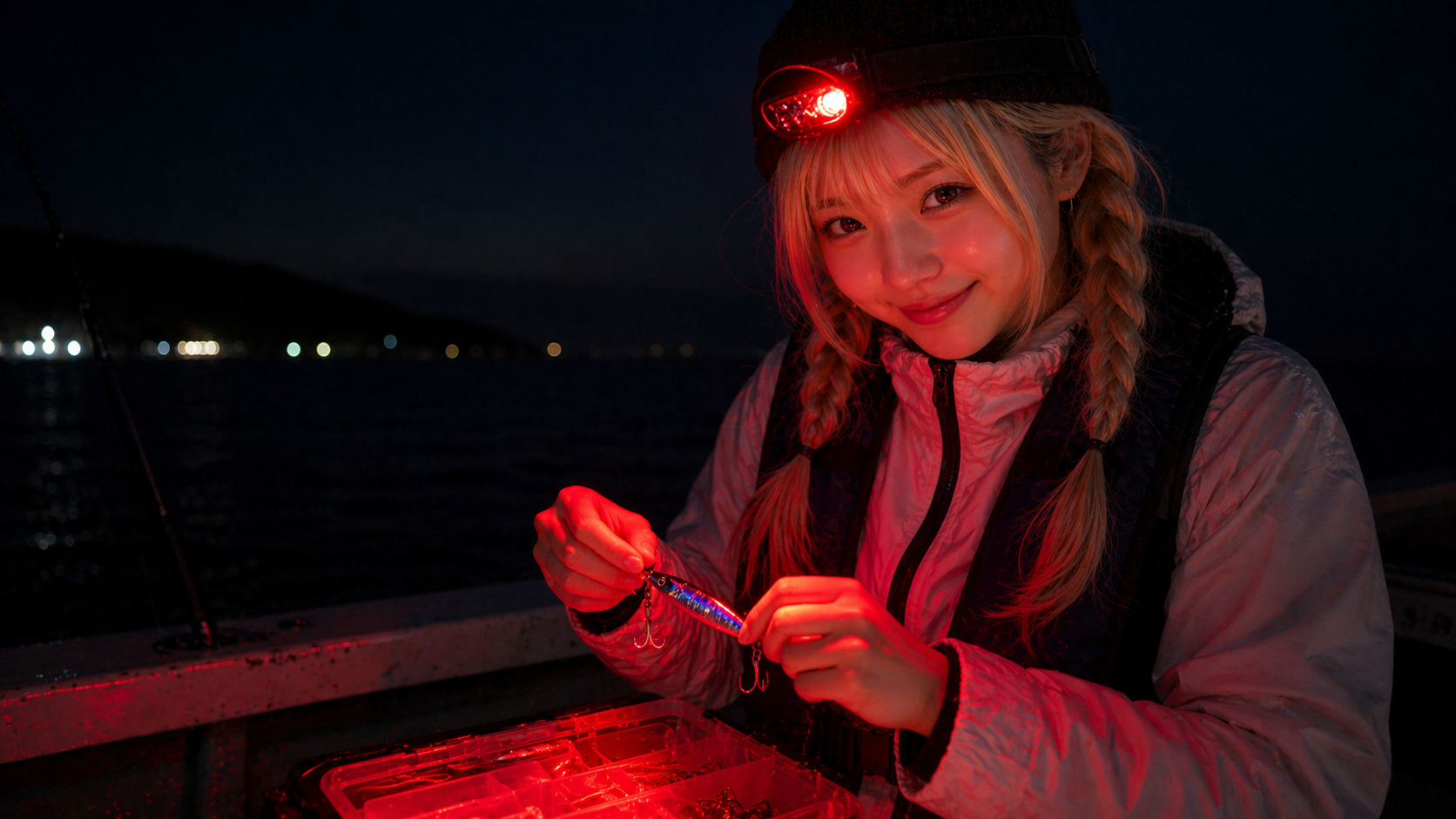 釣り用赤色ヘッドライトで手元作業をするイメージ