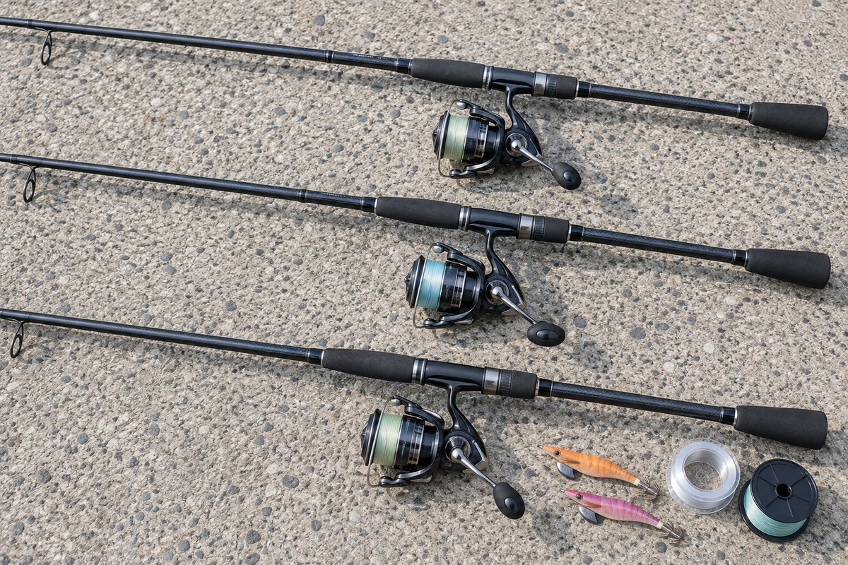 PEラインを巻いたスピニングリール付きのエギングロッドと、リーダー・PEライン・エギを並べたタックルのイメージ