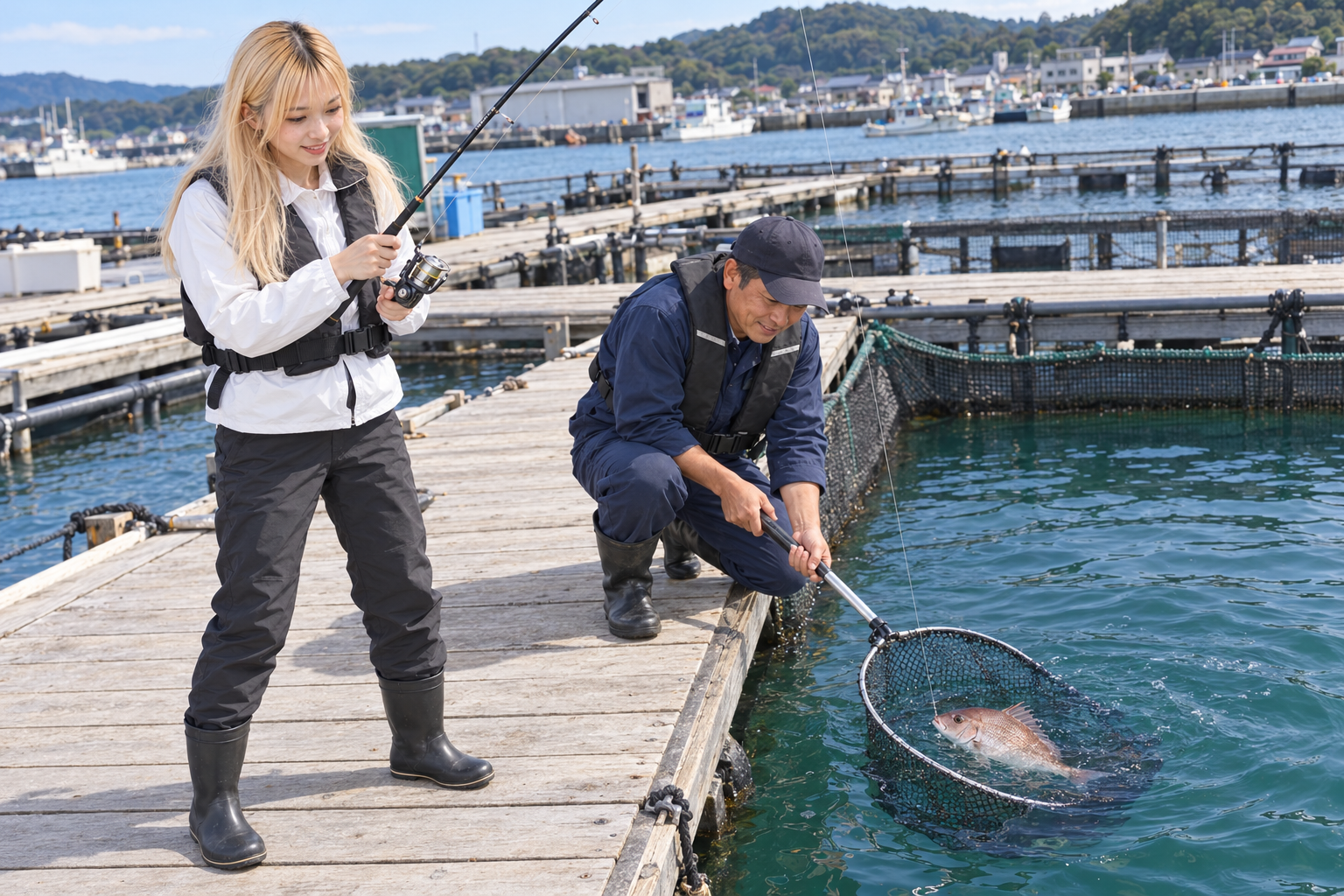 竿でマダイを寄せ、スタッフが水面で玉網へ取り込む場面