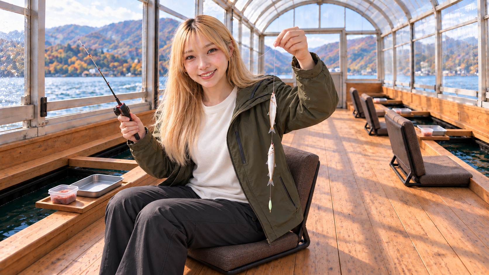 ドーム船で、下端にオモリを付けた仕掛けとワカサギを見せる女性のイメージ