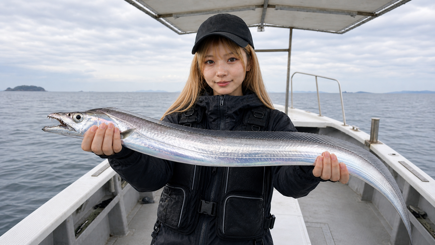 船上でタチウオの釣果を見せるアングラー