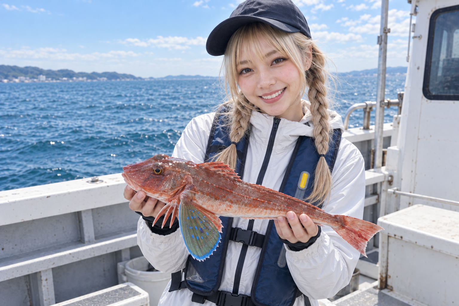 船上でホウボウを両手に持ち、釣果を見せる女性のイメージ