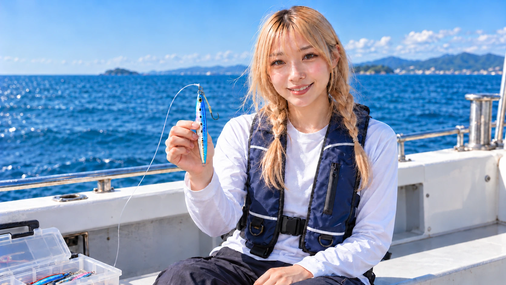 船上でジグを見せる404お姉さん