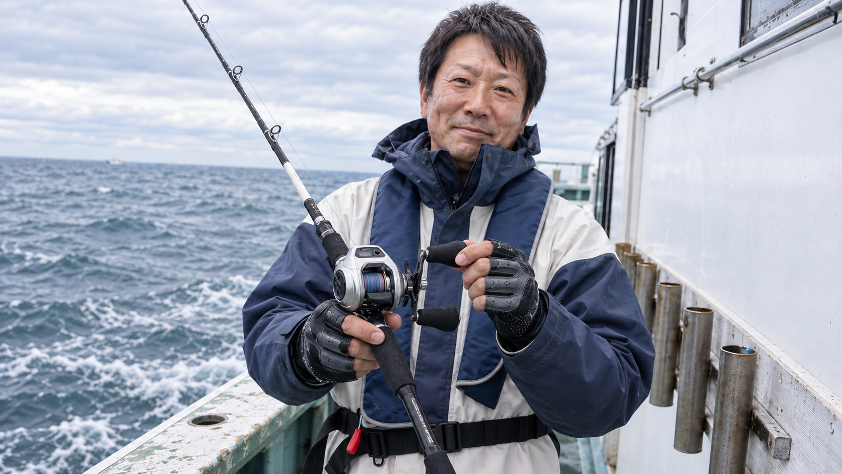 色分けPEラインを巻いた小型両軸リールと船竿を持つ男性のイメージ