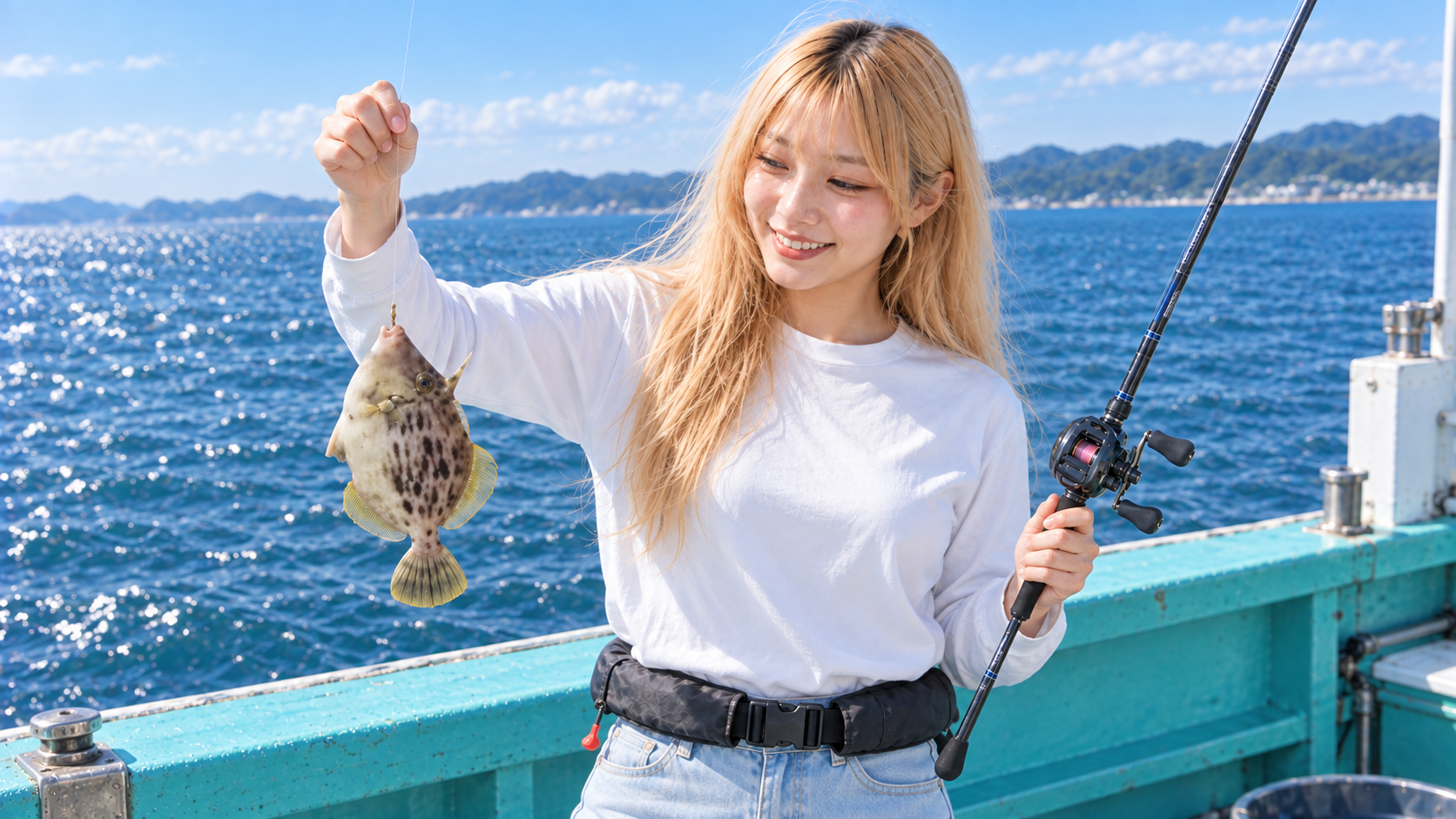 船上で釣り上げたカワハギを掲げ、片手に専用ロッドを持って釣果を喜ぶ女性