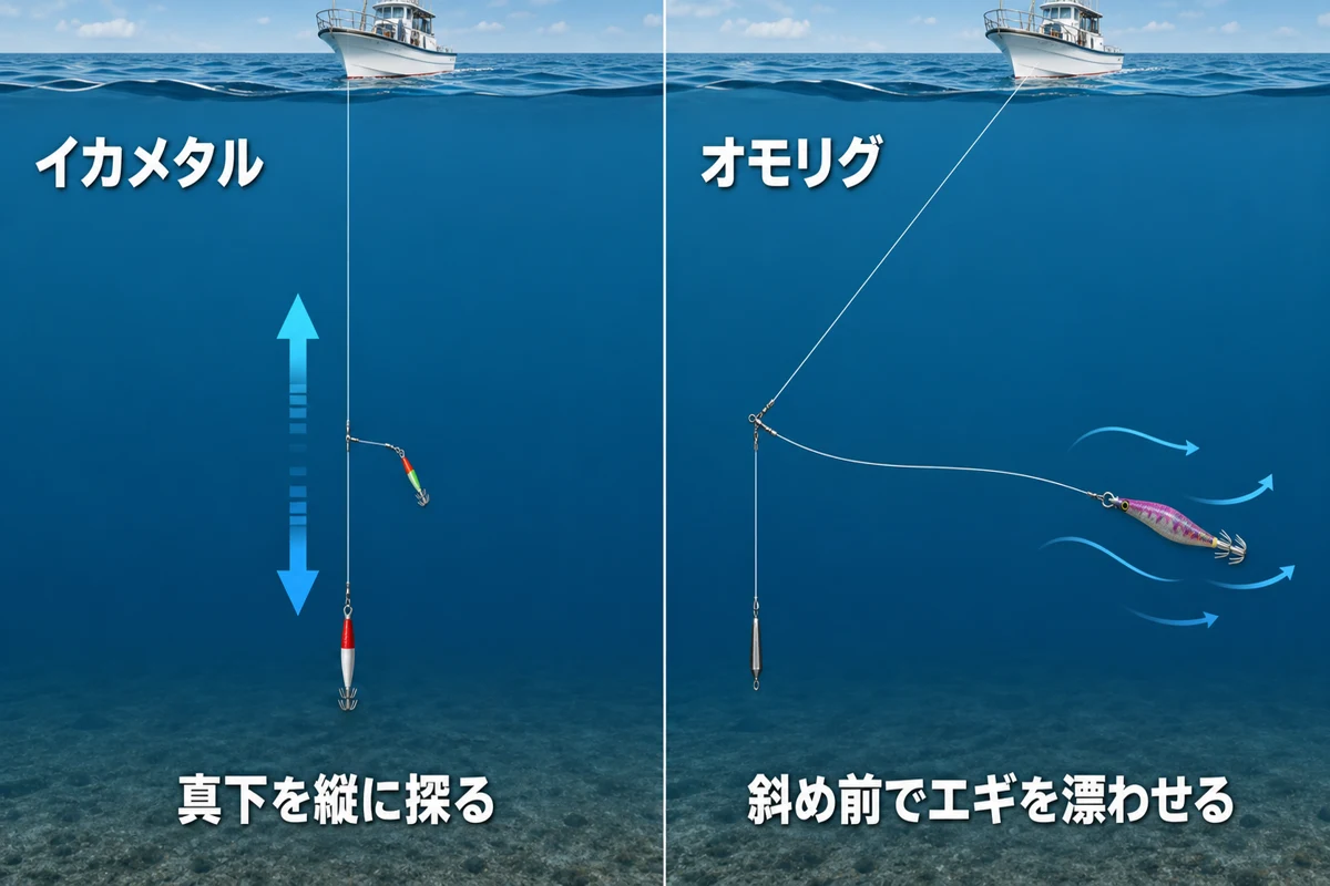 船の真下を縦に探るイカメタルと、斜め前へ入れた長いリーダーの先でエギを漂わせるオモリグの違い