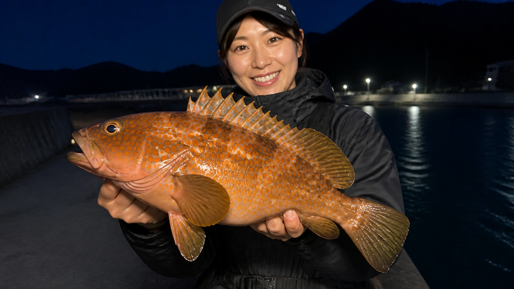夜の堤防でキジハタを見せる女性アングラー