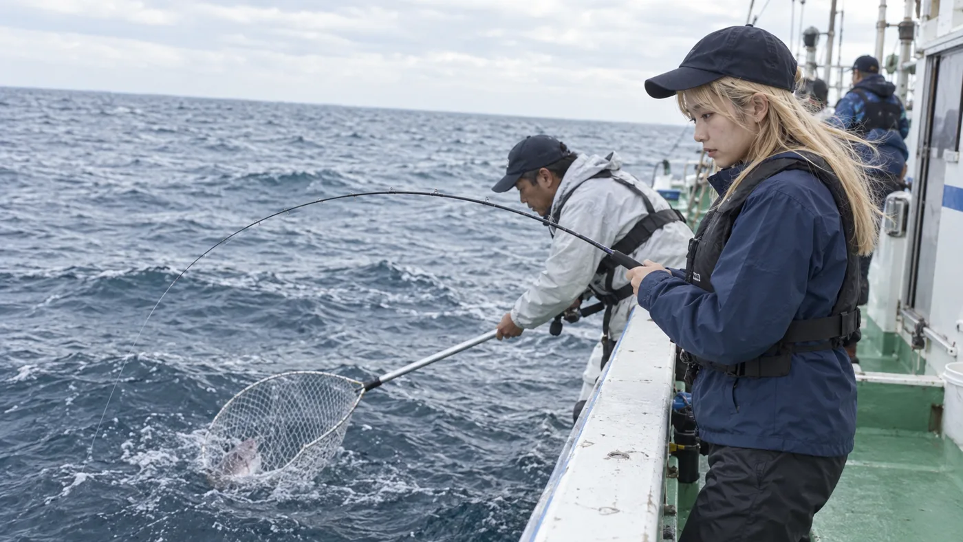 船上で魚を掛け、船べりで取り込みを待つ女性アングラー