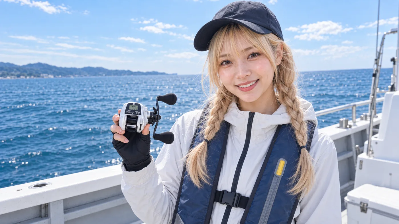 船上で白いカウンター付きベイトリールを見せる女性アングラー