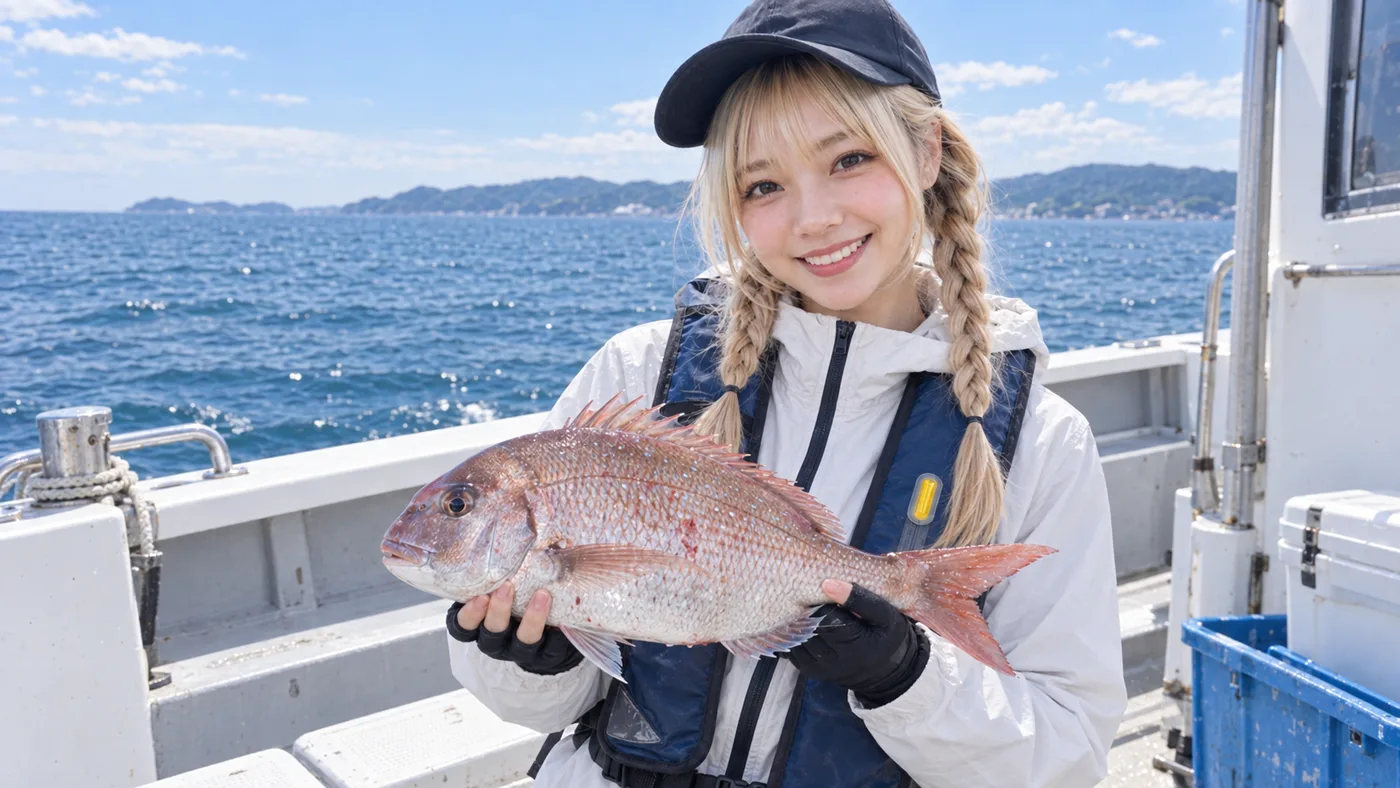 船上で釣り上げたマダイを見せる女性アングラー
