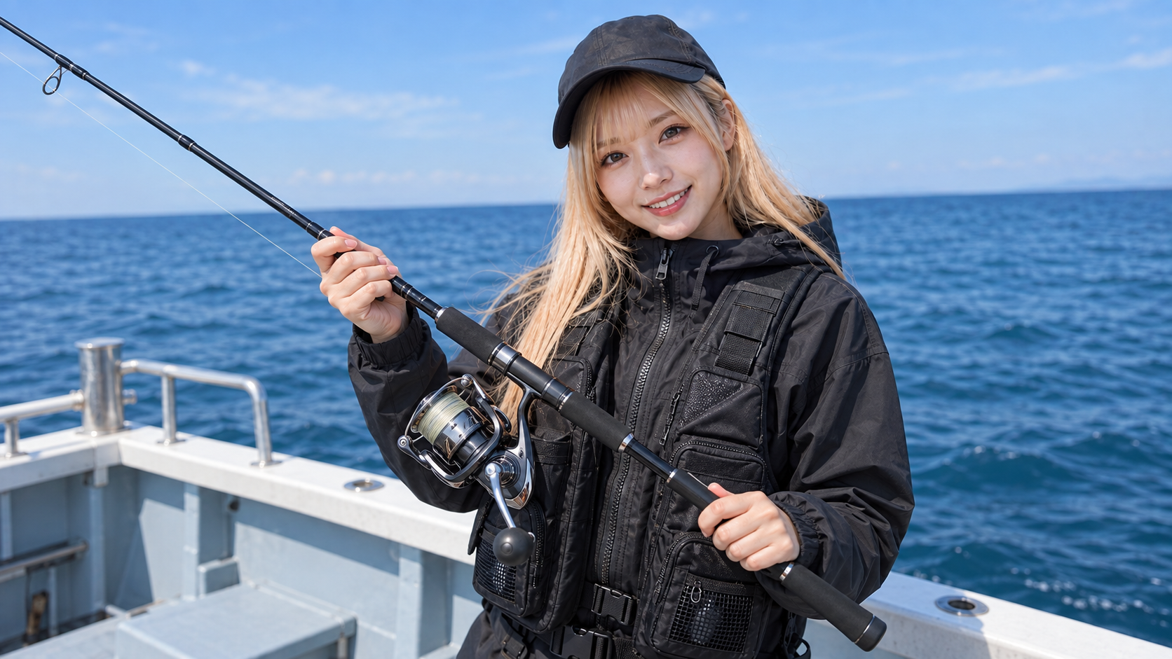 船上でサワラキャスティング用のスピニングタックルを持つ女性