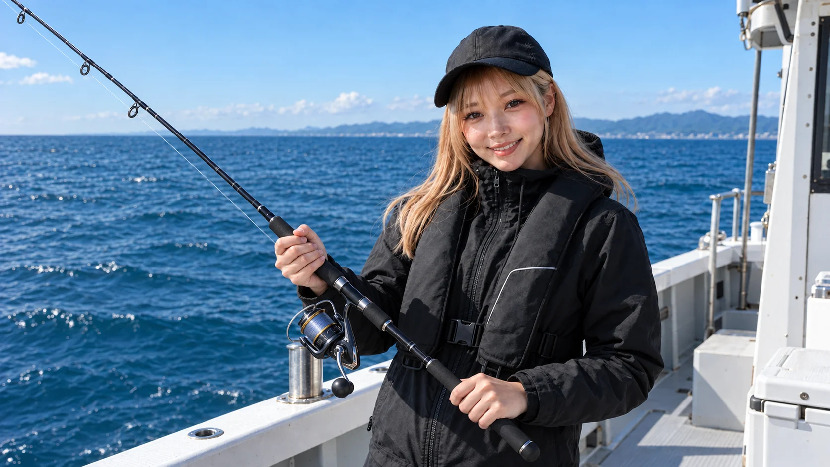 船上でサワラジギング用のスピニングタックルを持つ女性