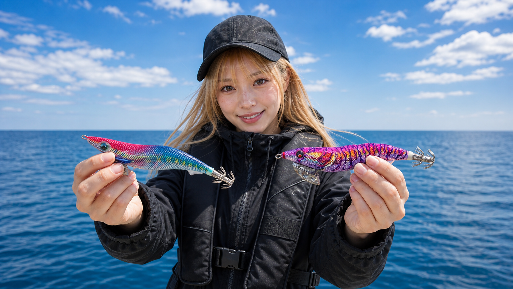 普通のエギとティップランエギを両手に持って比較する釣り人