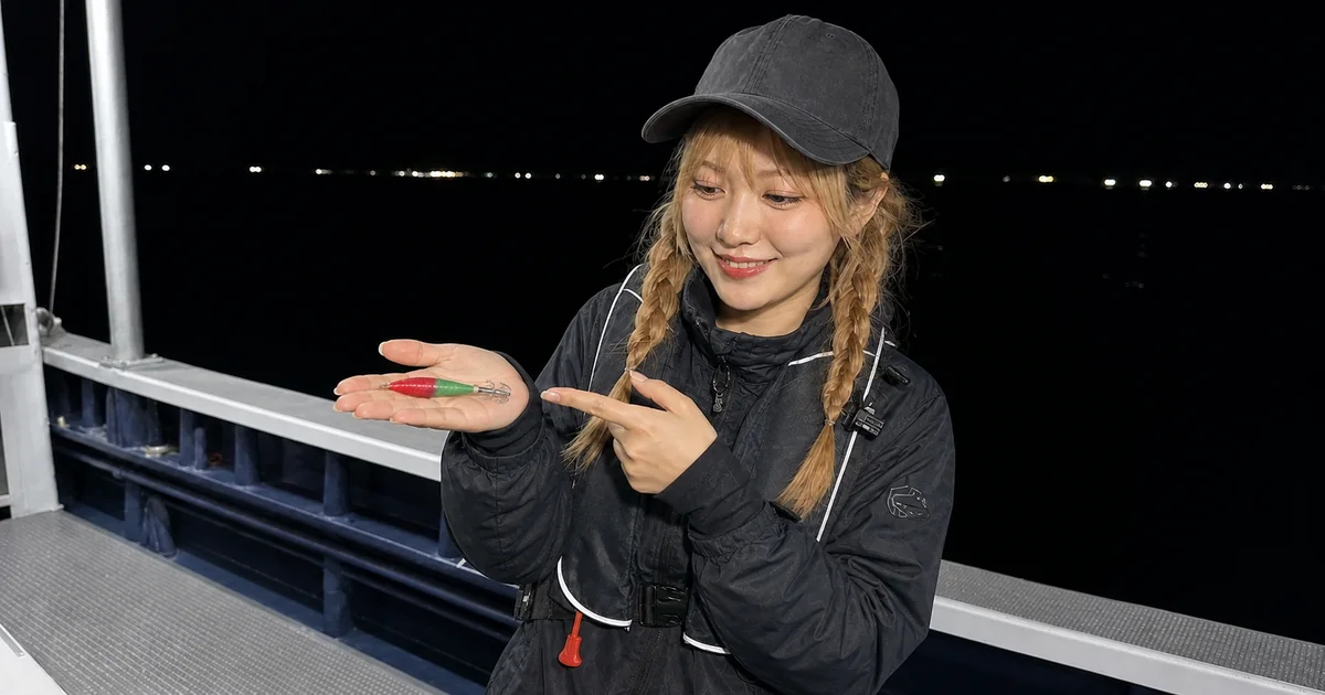 夜の船上で鉛スッテを手のひらに載せて紹介するモデル