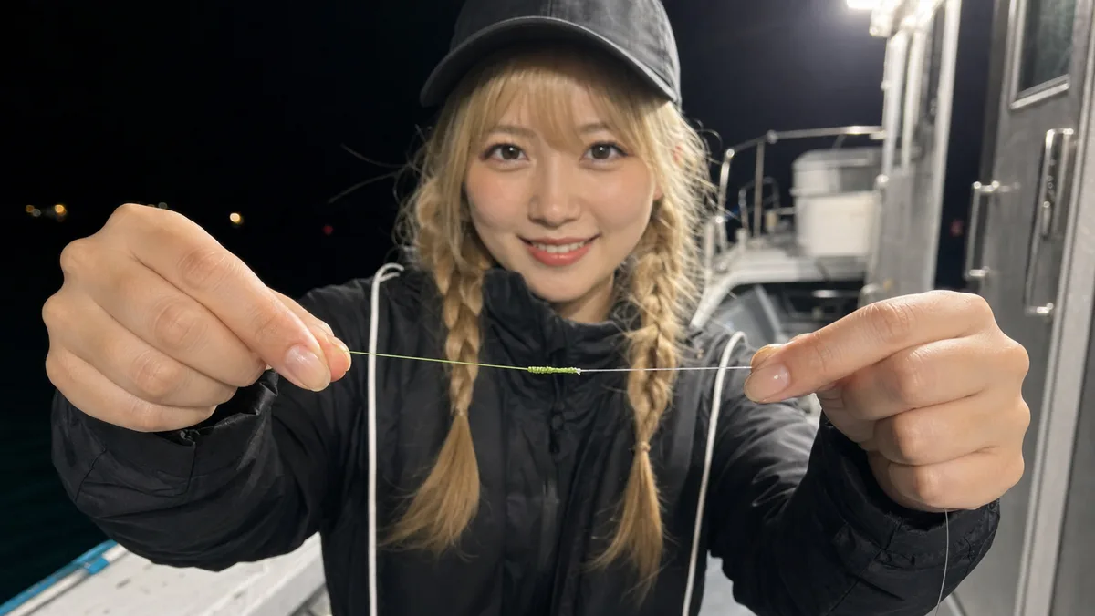 PEラインとショックリーダーのFGノットを手元で見せる様子