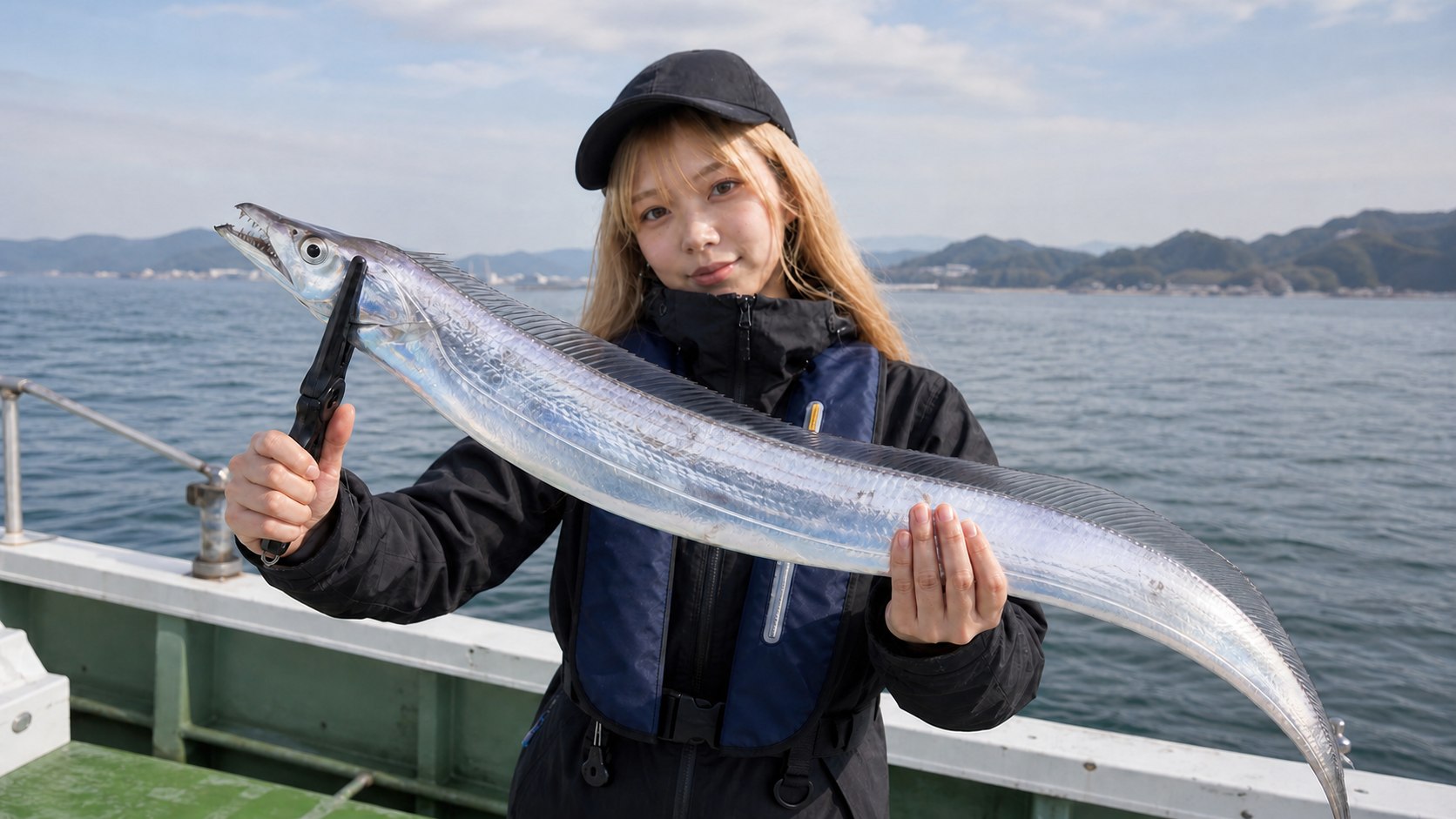 船上でタチウオの釣果を見せる女性アングラー