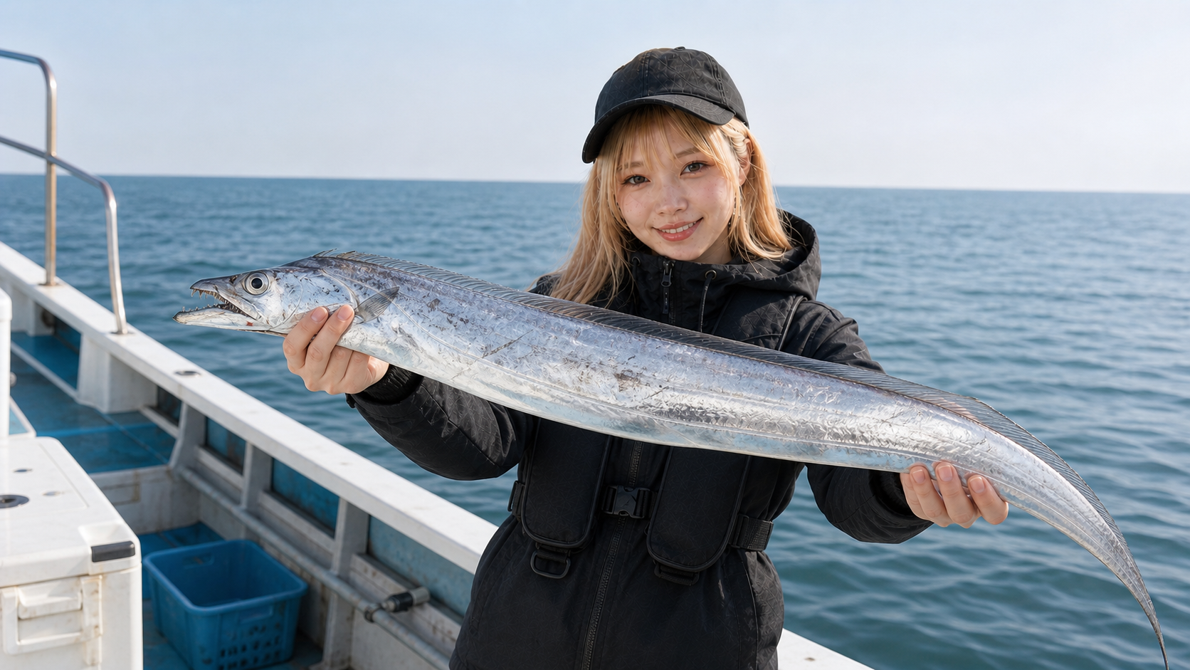 船上で釣り上げた太刀魚を見せる女性