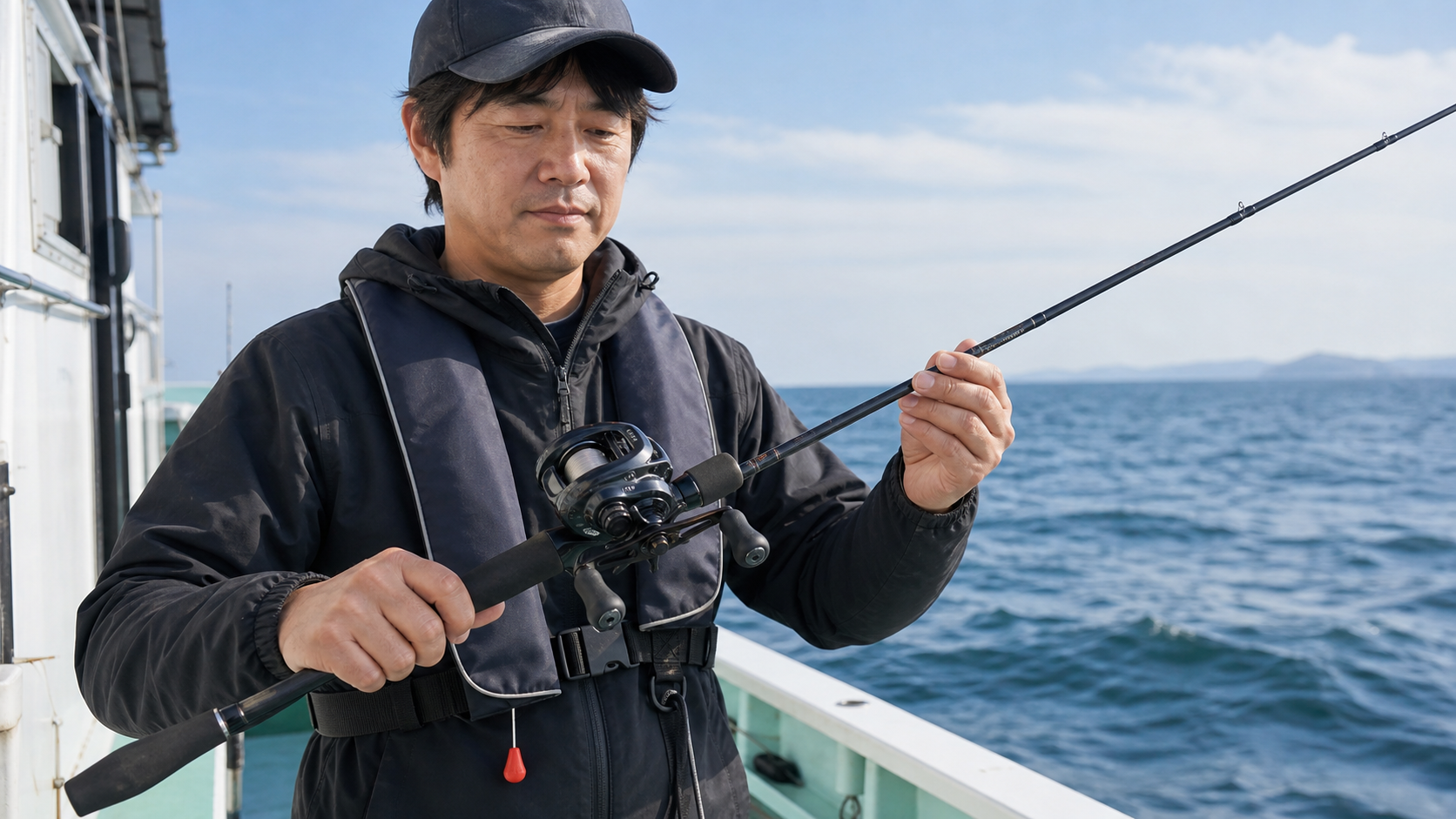 船上でタチウオテンヤロッドとベイトリールを持つ男性