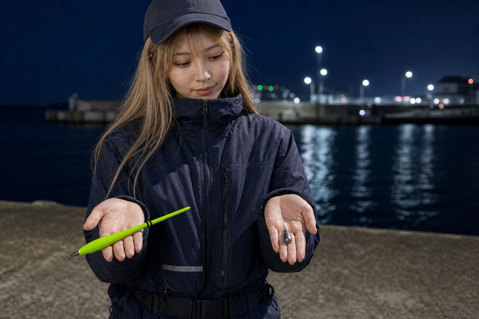 太刀魚ウキ釣り用の電気ウキとオモリを手に持つ様子