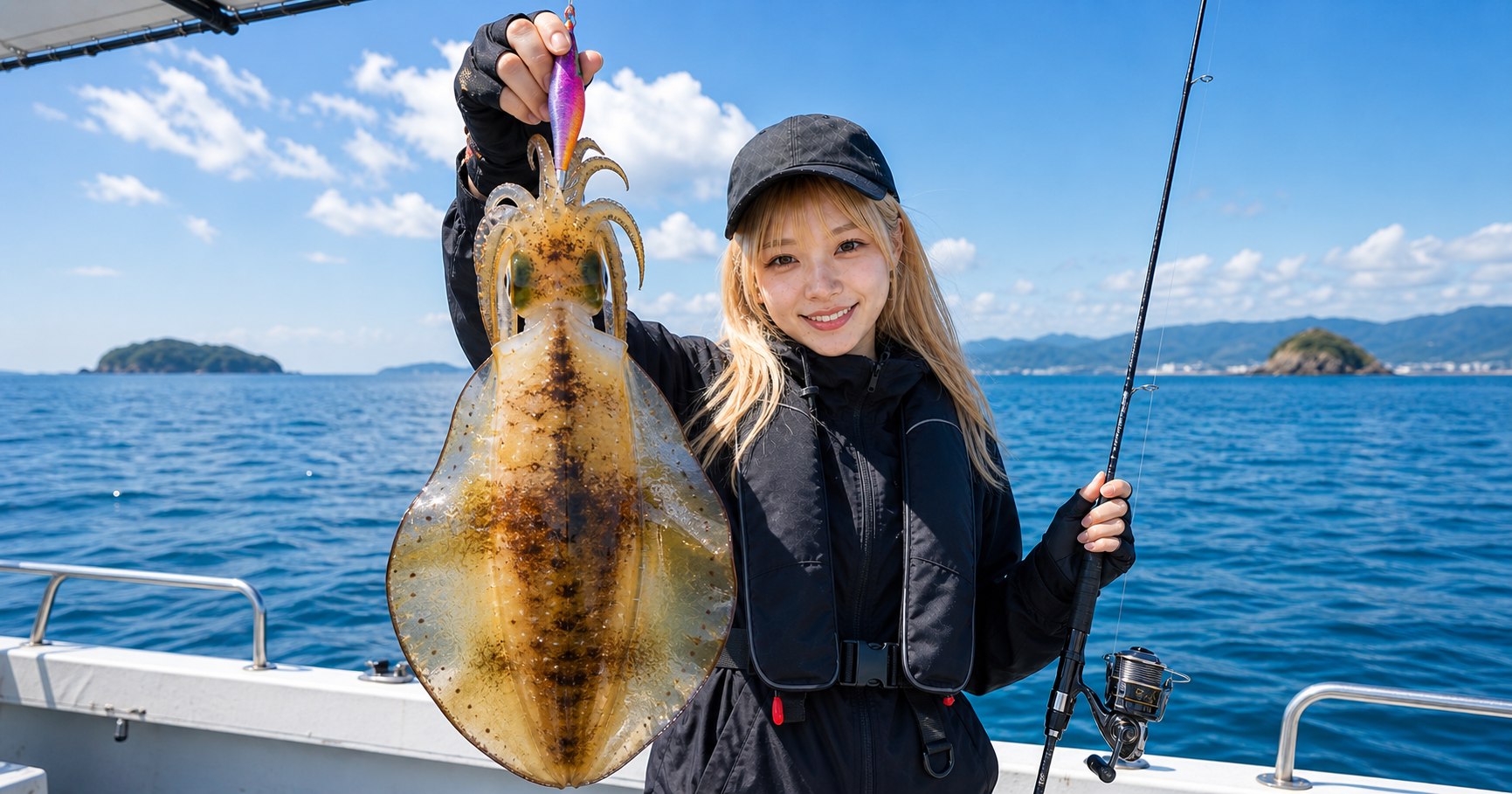 ティップランエギで釣れたアオリイカを船上で見せる様子